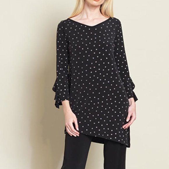 NWT Black Sparkle wide v neck tunic 3/4 rufflecuff - Picture 1 of 1